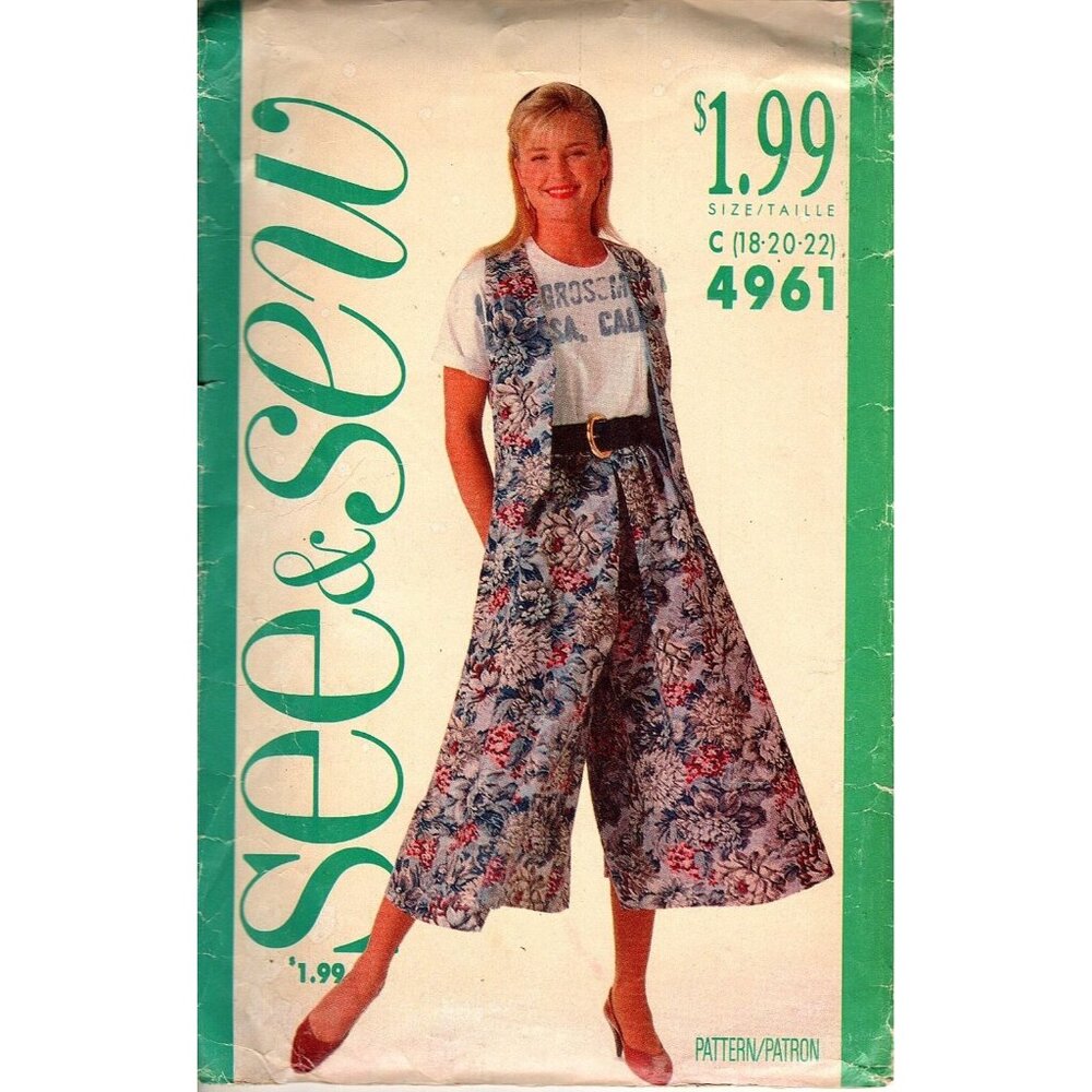Butterick Misses 18 to 22 Vest and Culottes Vintage Uncut Sewing Pattern